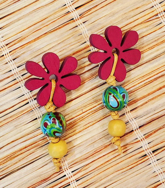 Mal41041 2 PC MIN Maldives Bead & Cord Flower Top Earring